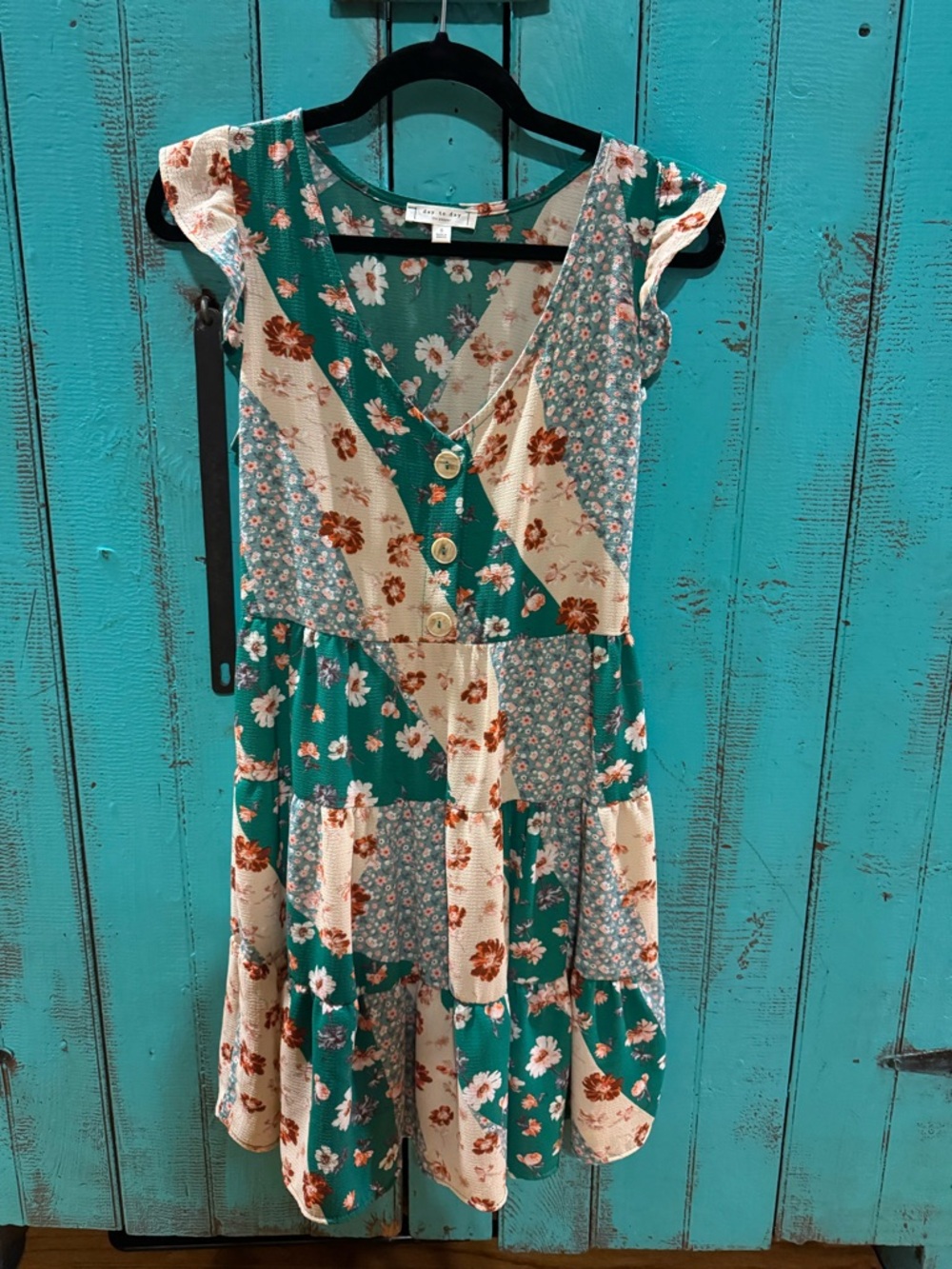 Blu Pepper Teal and Cream Floral Patchwork Mini Dress